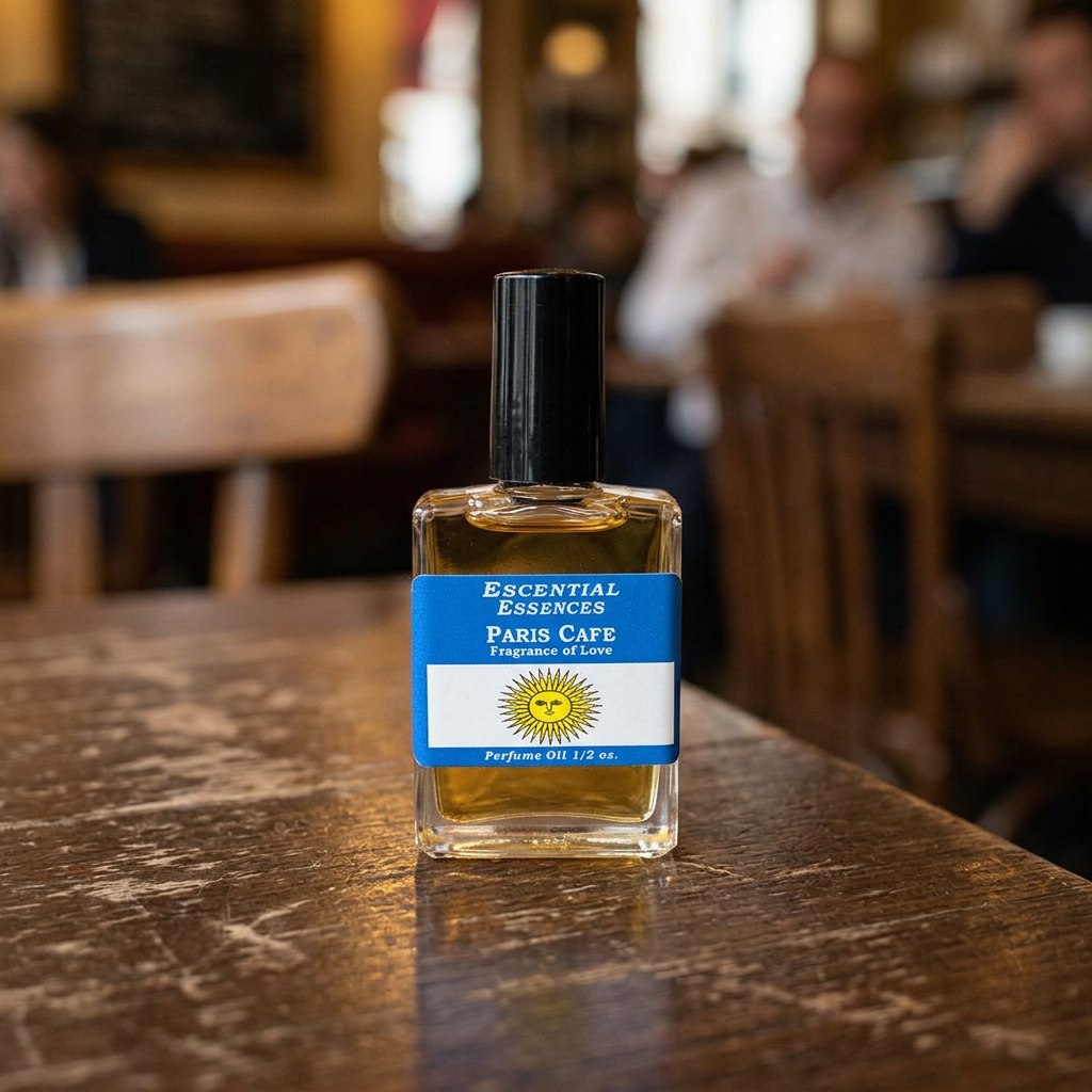 Photorealistic close-up of Paris Cafe Perfume Oil bottle in vintage café setting, highlighting glass clarity and micro-texture.