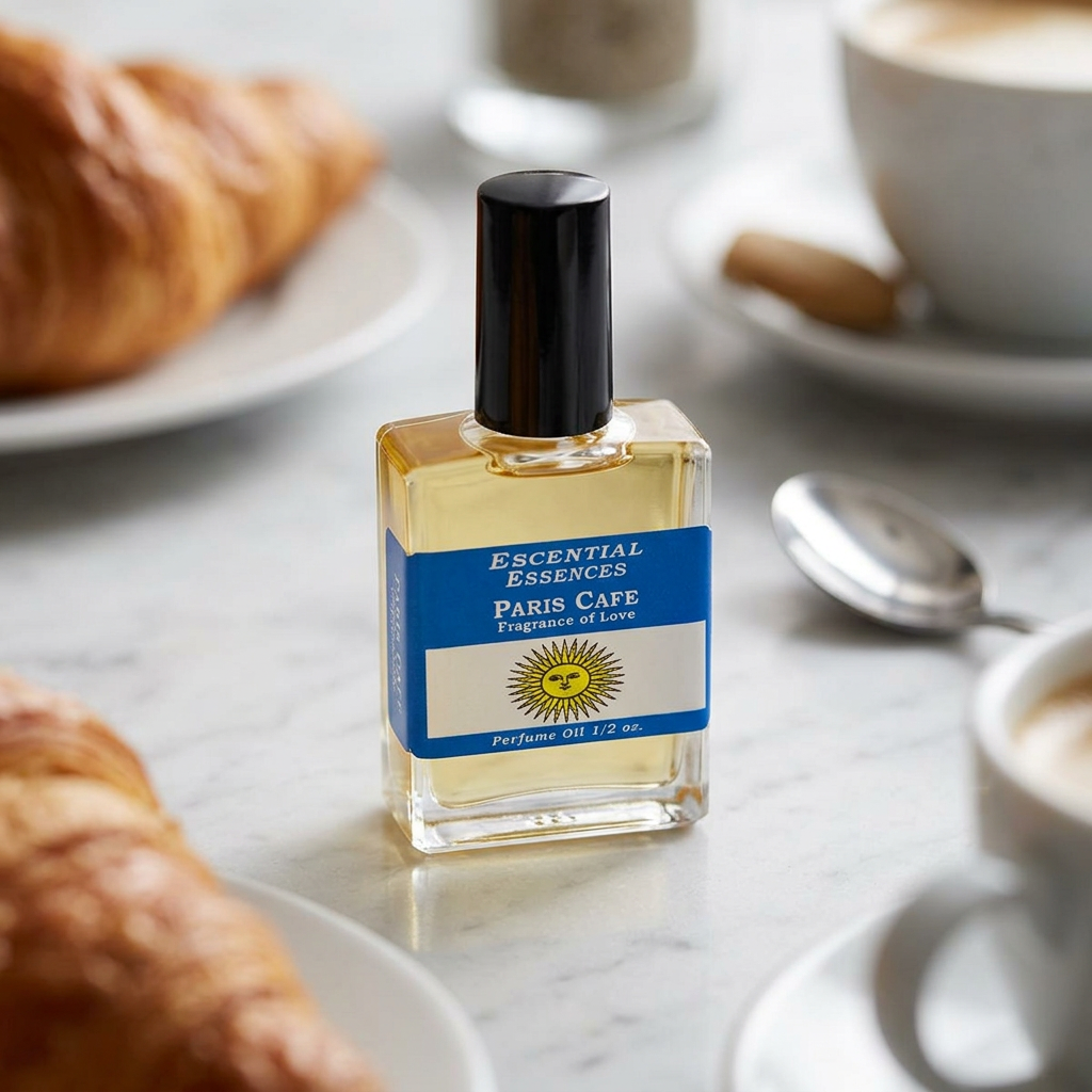 Macro shot of Paris Cafe Perfume Oil bottle showcasing micro-texture, glass edges, and branding on neutral background.