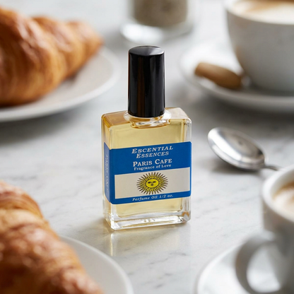 Macro shot of Paris Cafe Perfume Oil bottle showcasing micro-texture, glass edges, and branding on neutral background.