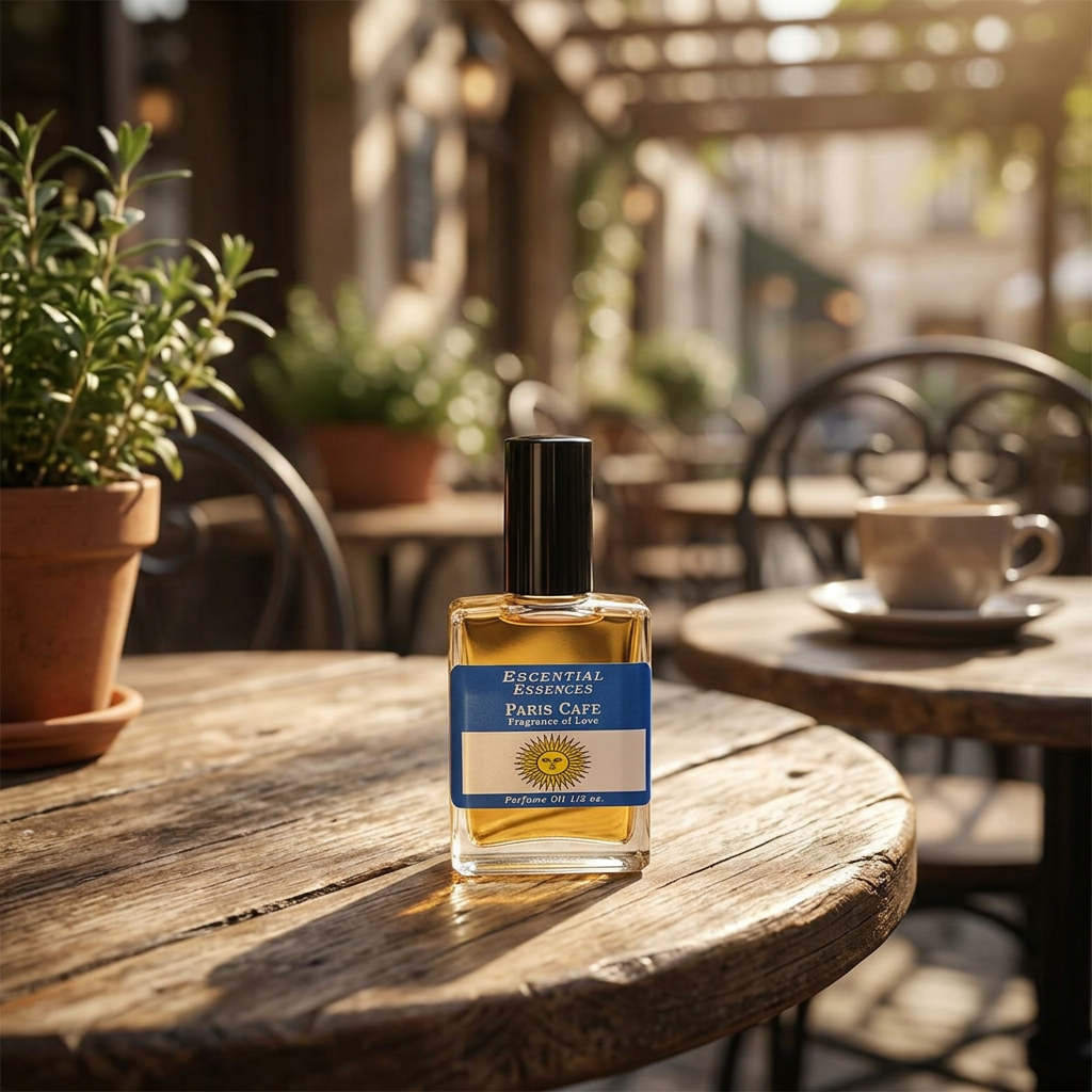 Full-body scene of Paris Cafe Perfume Oil bottle on rustic outdoor café table, sunlit greenery background emphasizing small size and elegance.