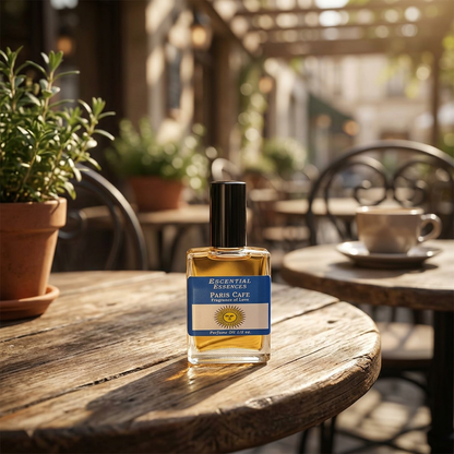 Full-body scene of Paris Cafe Perfume Oil bottle on rustic outdoor café table, sunlit greenery background emphasizing small size and elegance.
