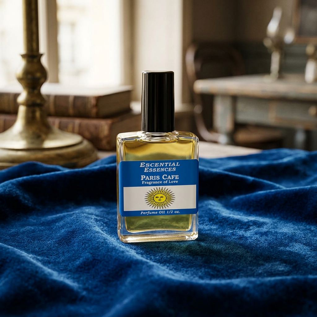 Stylized tabletop shot of perfume oil bottle on velvet cloth, warm diffused lighting and vintage decor create an elegant ambiance.