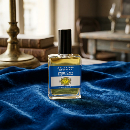 Stylized tabletop shot of perfume oil bottle on velvet cloth, warm diffused lighting and vintage decor create an elegant ambiance.