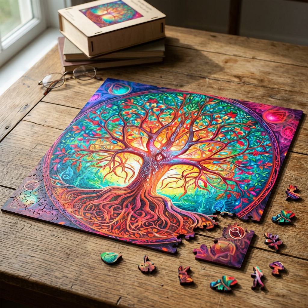 Scene of the partially assembled Tree of Life puzzle on a textured surface, with natural light revealing craftsmanship and micro-details.