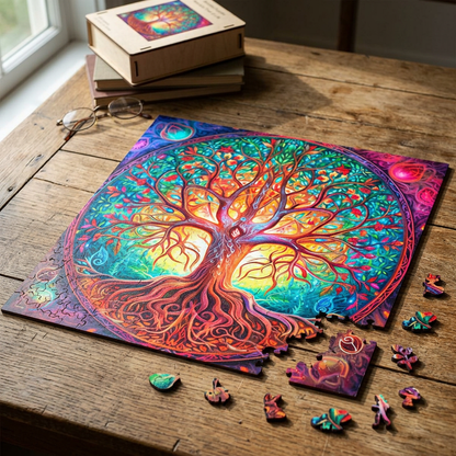 Scene of the partially assembled Tree of Life puzzle on a textured surface, with natural light revealing craftsmanship and micro-details.