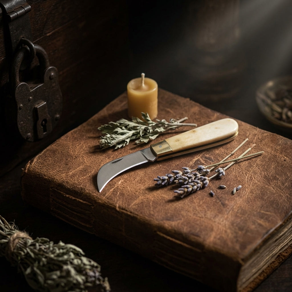 Partially open boline with white bone handle against rustic leather altar, emphasizing craftsmanship and ritual context.