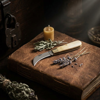 Partially open boline with white bone handle against rustic leather altar, emphasizing craftsmanship and ritual context.