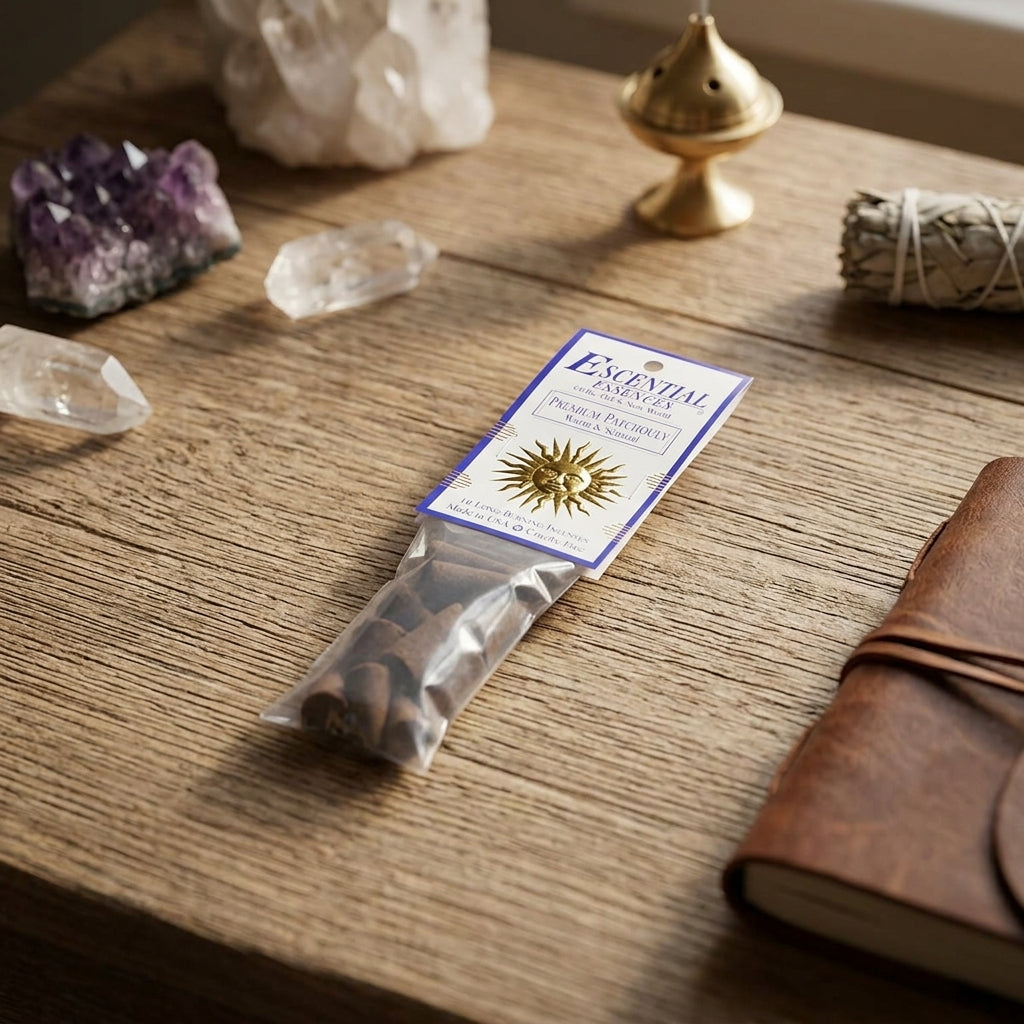 Tiny patchouli incense cone on wooden altar with crystals and sacred objects, in a ritual setting with warm natural light.