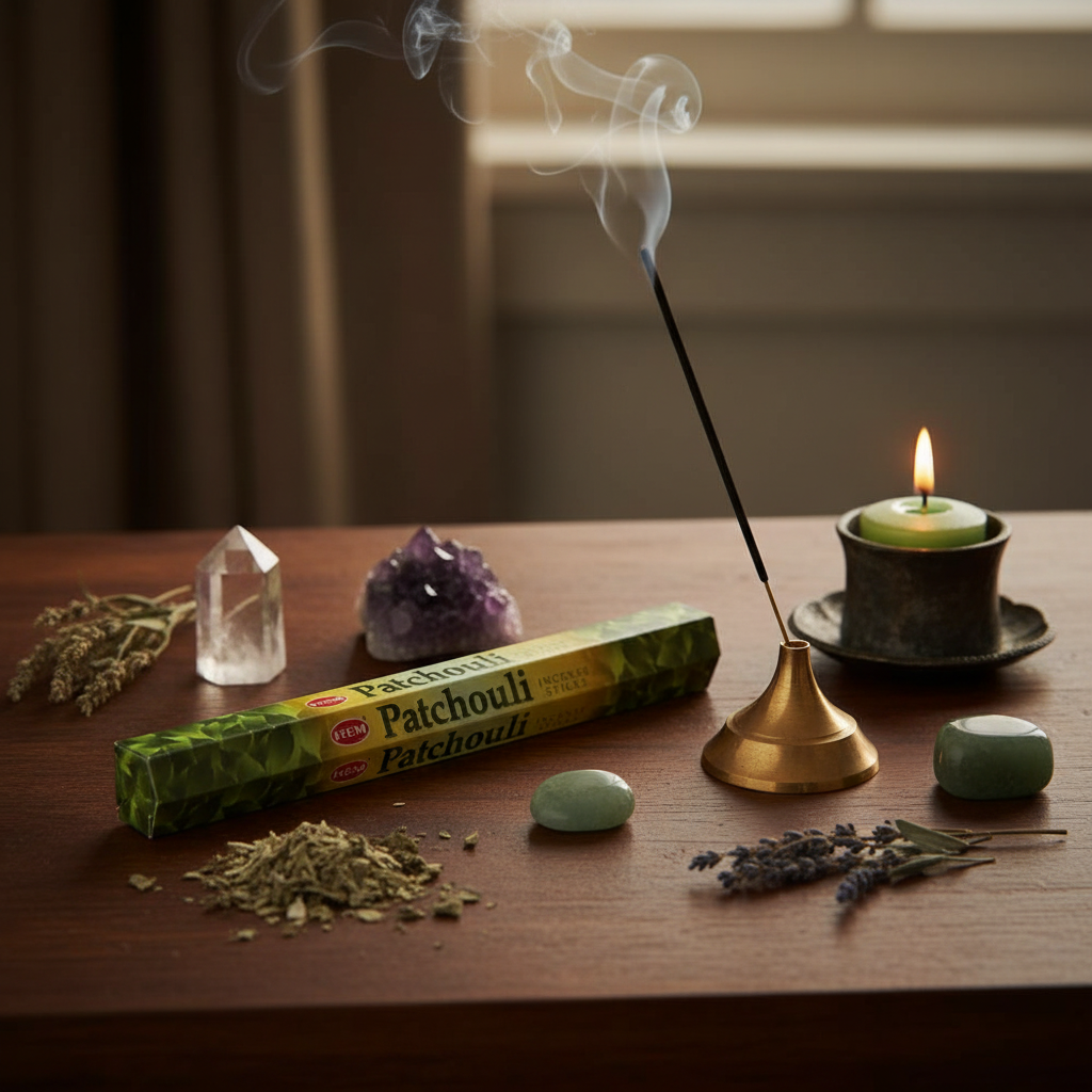 Patchouli Incense Sticks by HEM, 20 Pack, styled on altar