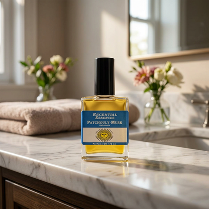 Patchouli-Musk Perfume Oil in a small bottle placed on a polished marble countertop in a sophisticated bathroom setup.