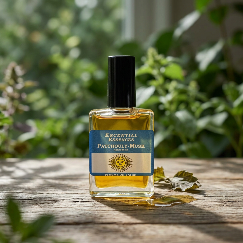 Small Patchouli-Musk Perfume Oil bottle by Escential Essences on natural wood, lit by natural daylight amid a lush green garden background.
