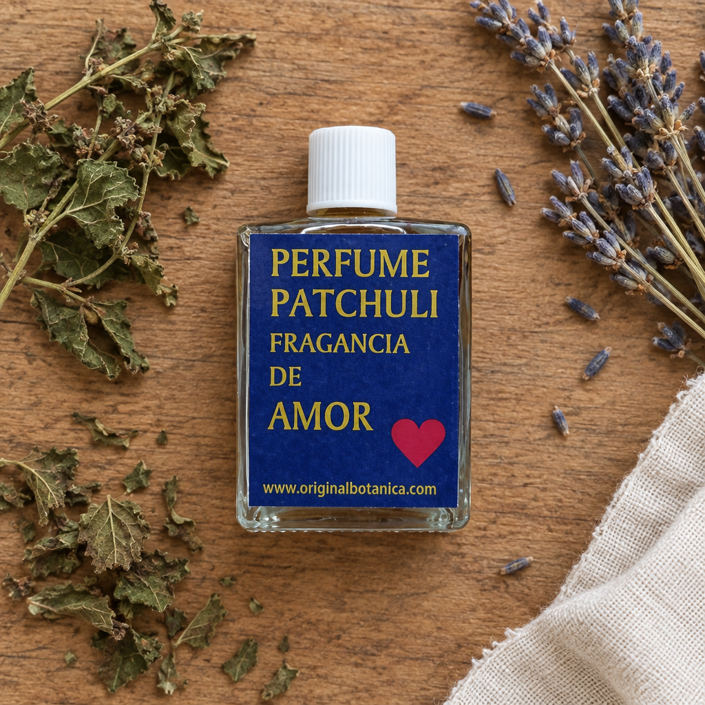 Patchouli oil bottle flat lay with herbs