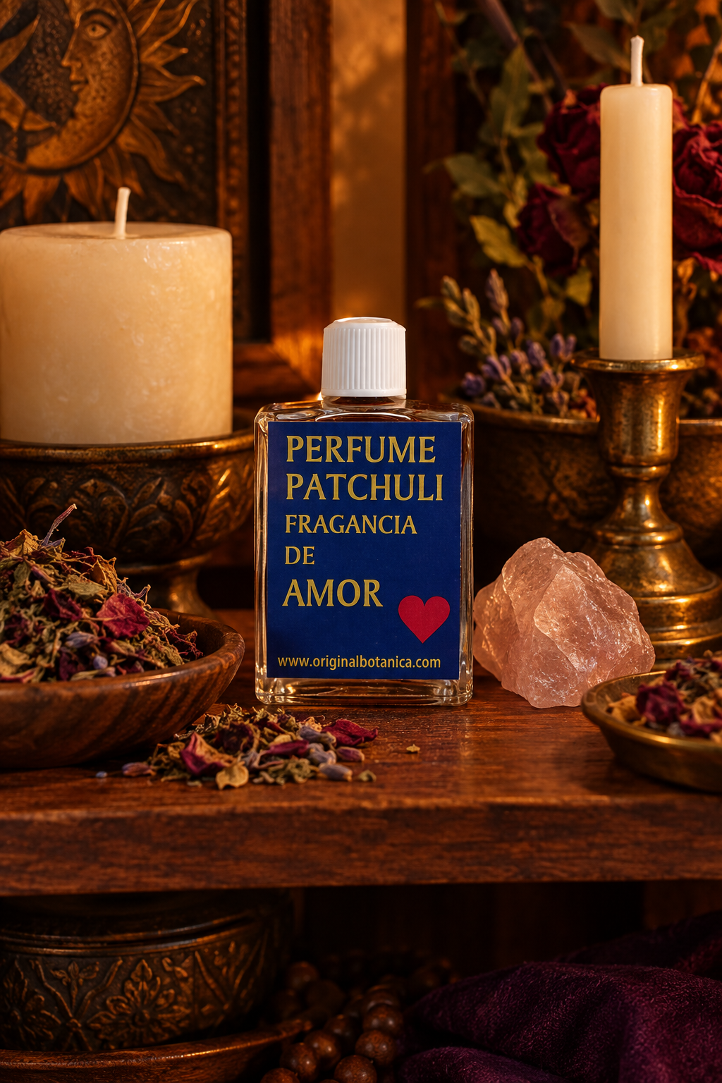 Patchouli oil bottle on altar shelf