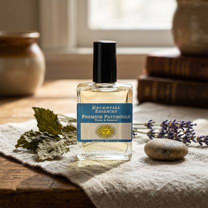 Full-body shot of Patchouli perfume oil bottle on linen cloth over wooden table in sunlit room, highlighting handcrafted, artisanal quality.