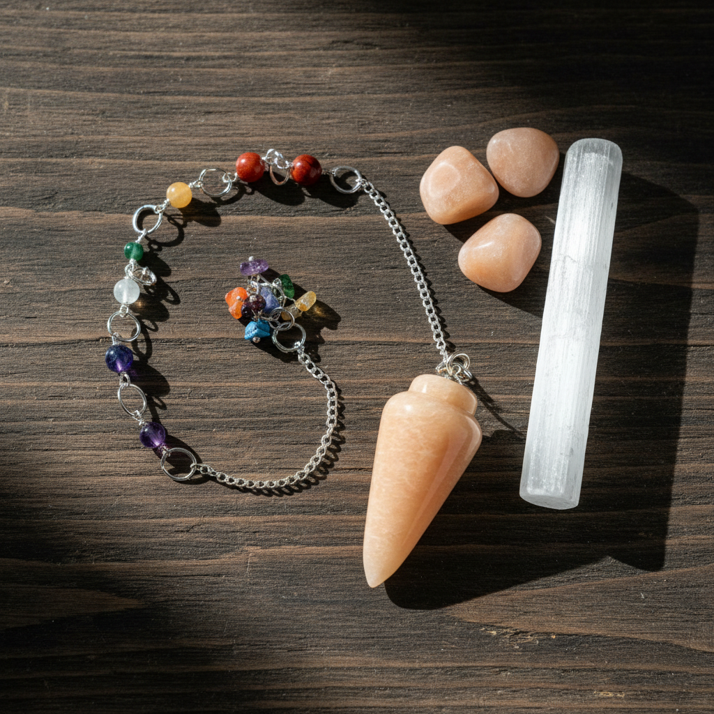 Peach Moonstone 7-Chakra Pendulum, alternate view