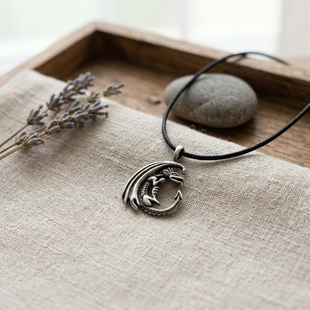 Delicate pewter Dragon Moon Celestial Amulet pendant worn on a thin cord, displayed on natural fiber cloth in a serene altar setting, highlighting fine details and metallic sheen.
