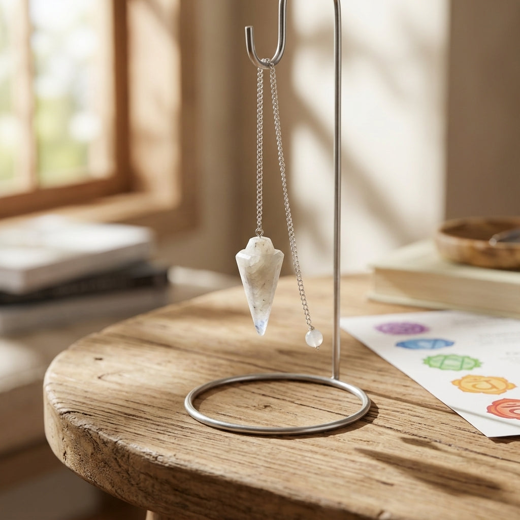 Rainbow Moonstone Pendulum hanging from a minimalist setup on a wooden surface, lit by warm daylight, highlighting its shimmering surface and micro-texture for meditation use.
