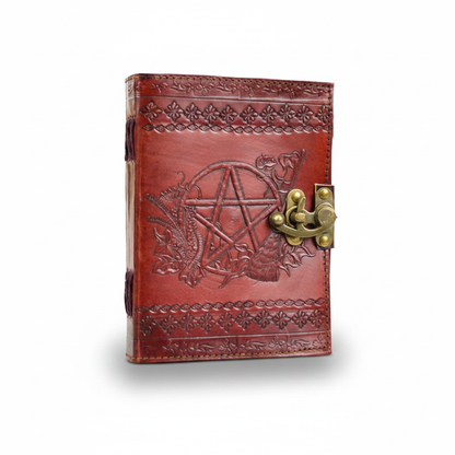 Pentacle Leather Blank Book with Latch, shown in use