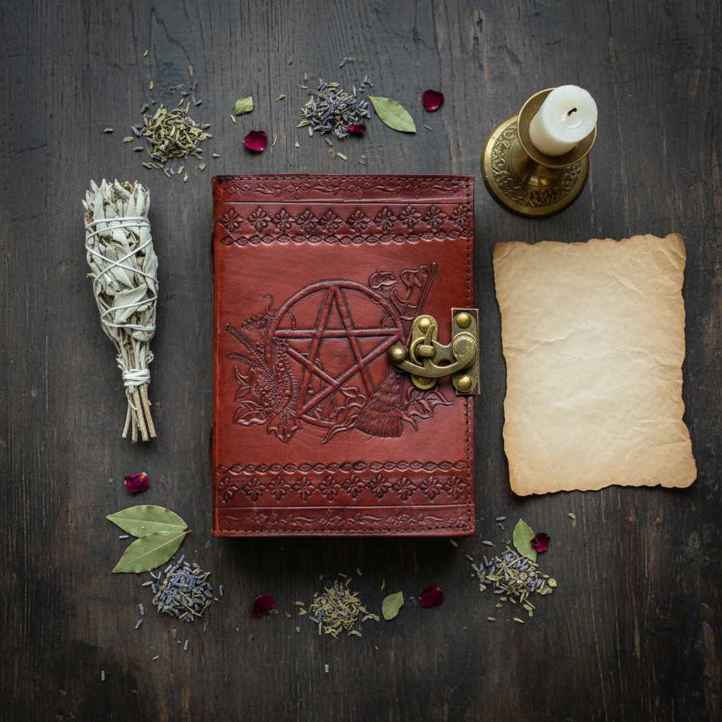 Pentacle Leather Blank Book with Latch, styled on altar