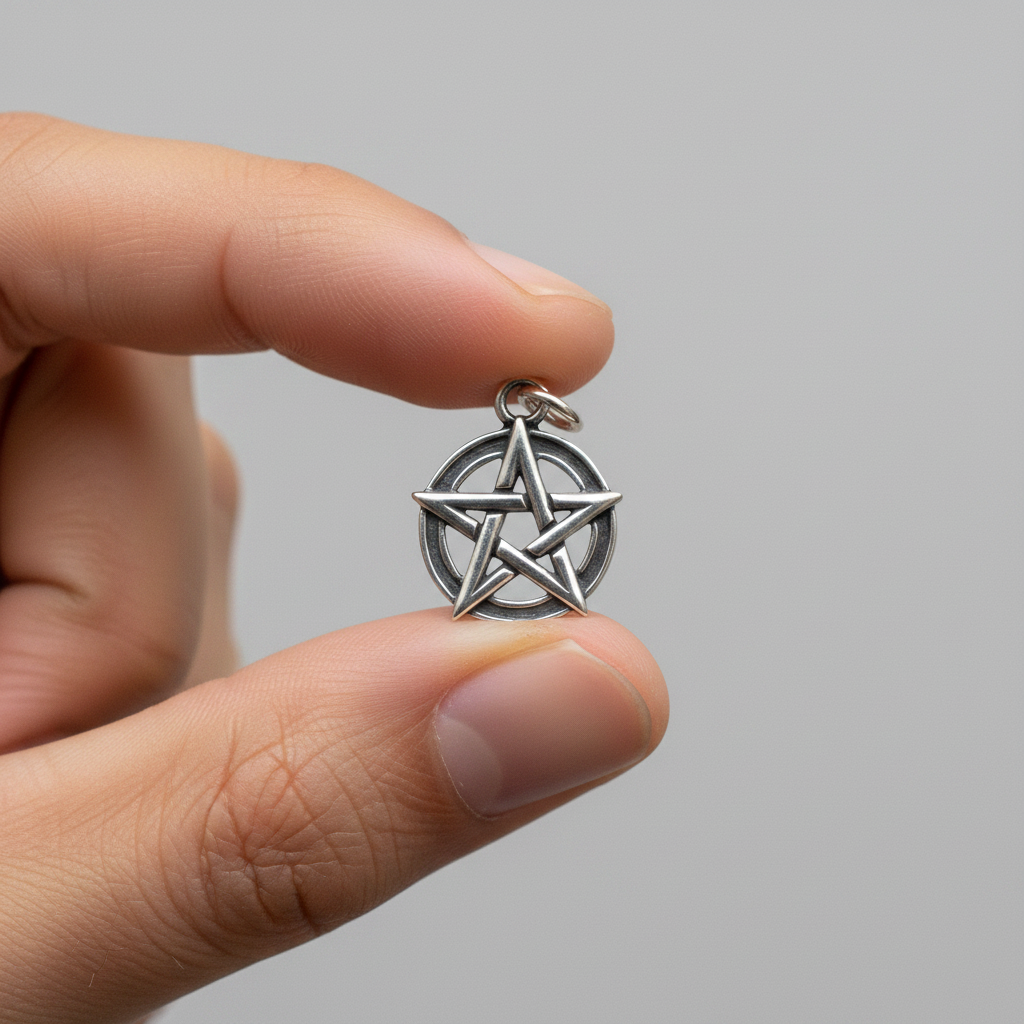 Pentacle Pendant, Sterling Silver, 5/8 Inch, held in hand