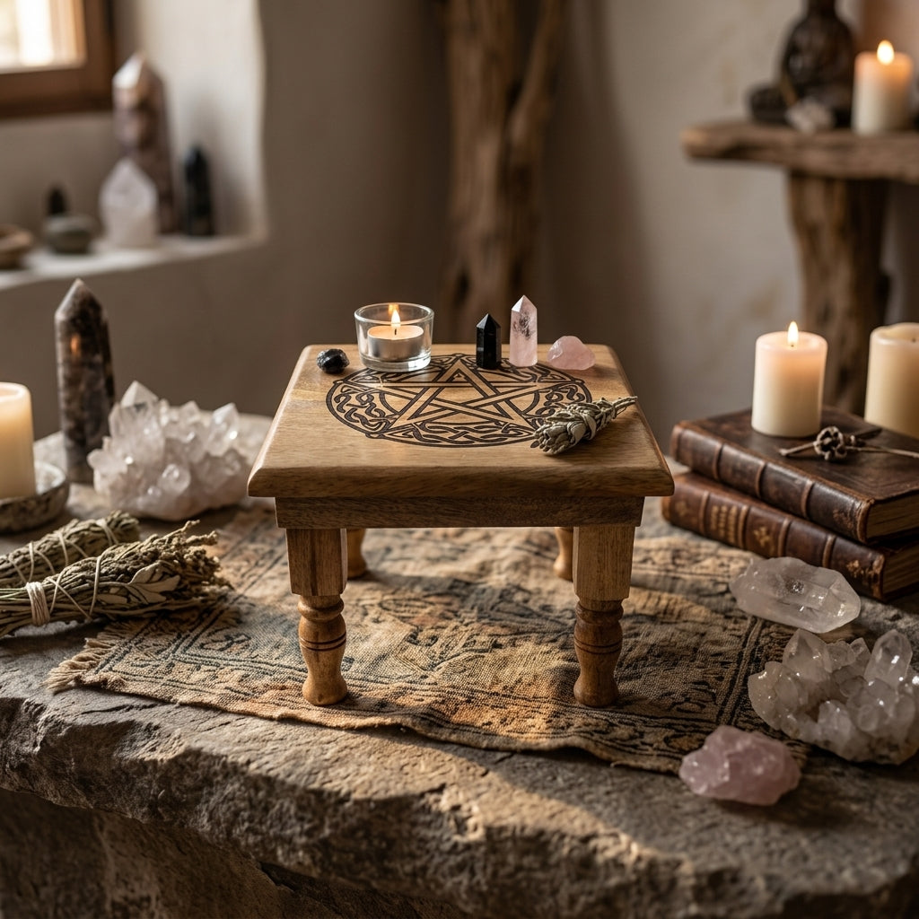 Photorealistic depiction of the 9x9 foot Pentagram Ritual Altar Table with natural wood surface, decorated with ritual tools in a serene sacred space.