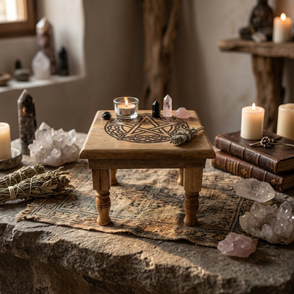 Photorealistic depiction of the 9x9 foot Pentagram Ritual Altar Table with natural wood surface, decorated with ritual tools in a serene sacred space.