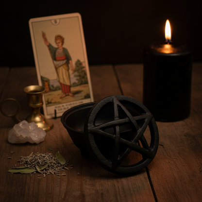 Pentagram Cast Iron Cauldron Smudge Pot, 3 1/4 Inches, styled on altar