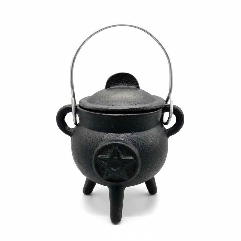 Pentagram Cast Iron Cauldron with Lid, 3 Inches