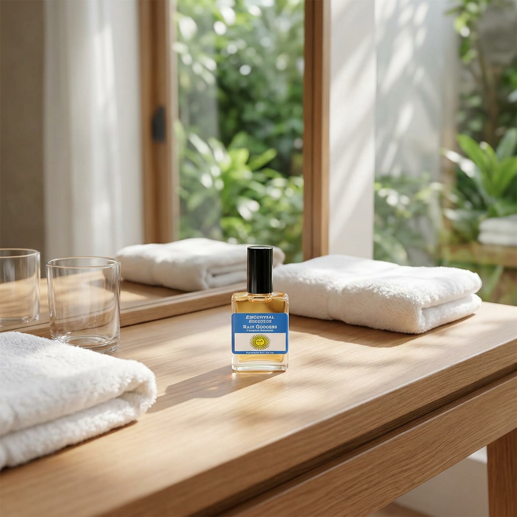 Full-body view of Rain Goddess perfume oil bottle on wooden vanity in a bright bathroom with garden view, emphasizing its compact and pure qualities.
