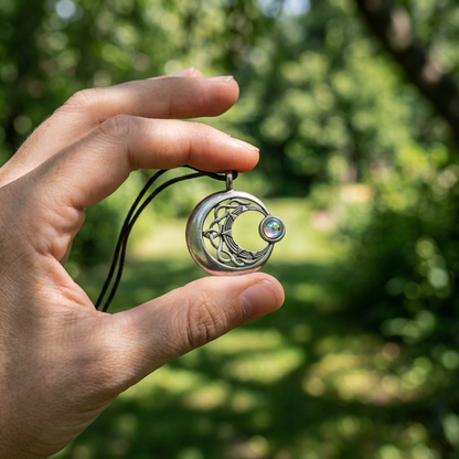 Person holding small Venus Rising Celestial amulet outdoors in a tranquil garden, emphasizing delicate size and spiritual connection.