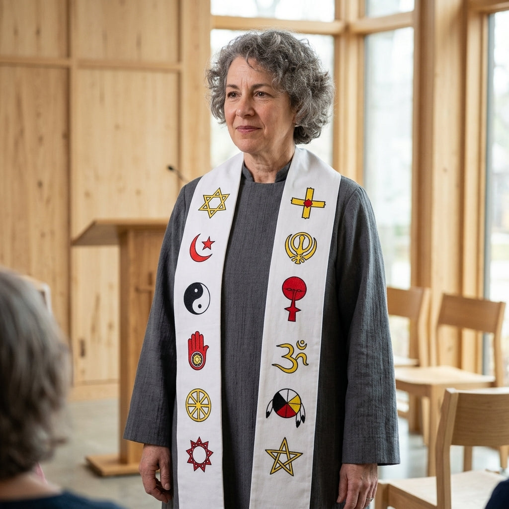 Individual in a modern community space wearing a white interfaith stole over a vestment.
