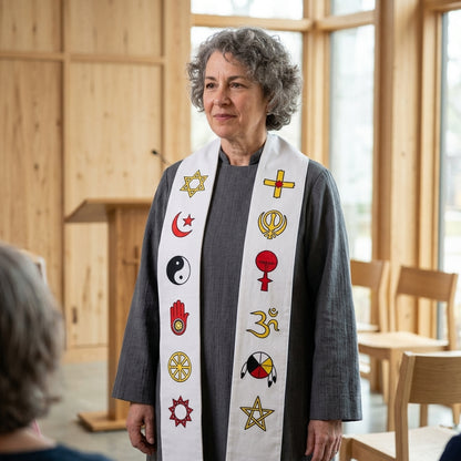 Individual in a modern community space wearing a white interfaith stole over a vestment.