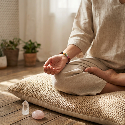 Full-body shot of a person wearing a 7th Chakra Rudraksha bracelet during meditation in a serene indoor setting with natural lighting and calming ambiance.