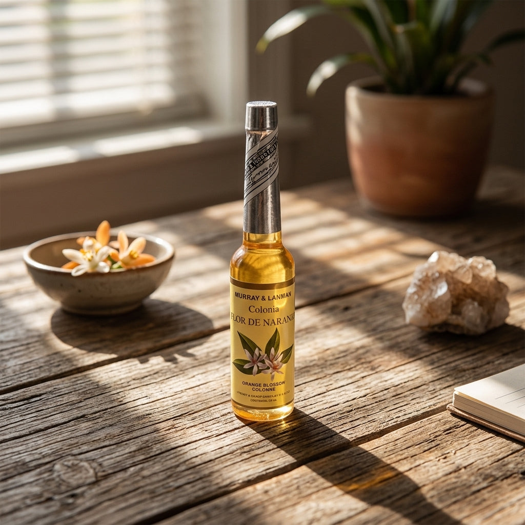 Small frosted glass Peruvian Orange Blossom Cologne bottle on rustic wooden table with natural sunlight.