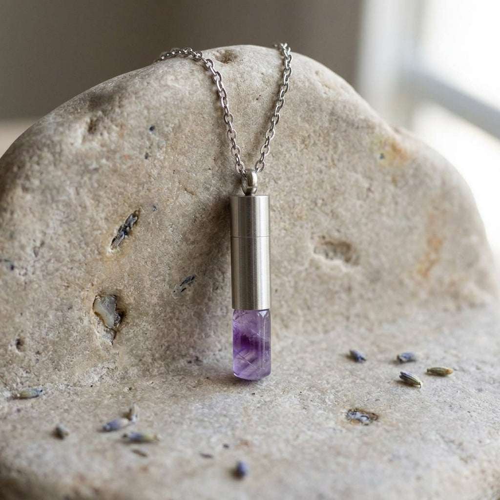 Amethyst pendant hanging against textured leather background, focusing on micro-facets and play of light.