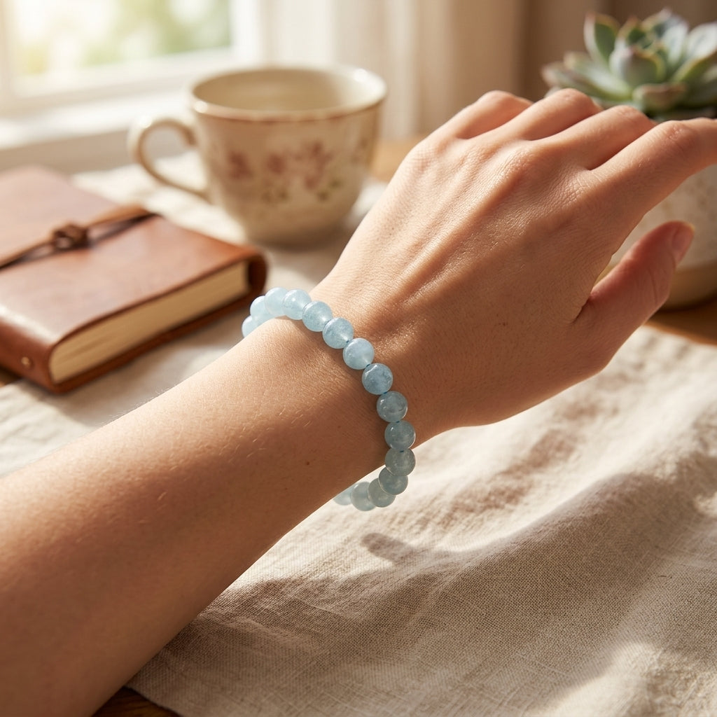 Photorealistic scene of a woman’s wrist with a small aquamarine bracelet on a textured cloth in a cozy home setting, highlighting its delicate craftsmanship.