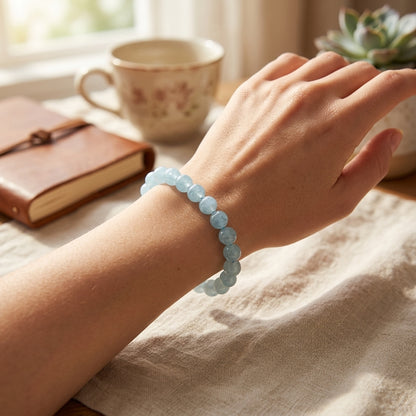 Photorealistic scene of a woman’s wrist with a small aquamarine bracelet on a textured cloth in a cozy home setting, highlighting its delicate craftsmanship.