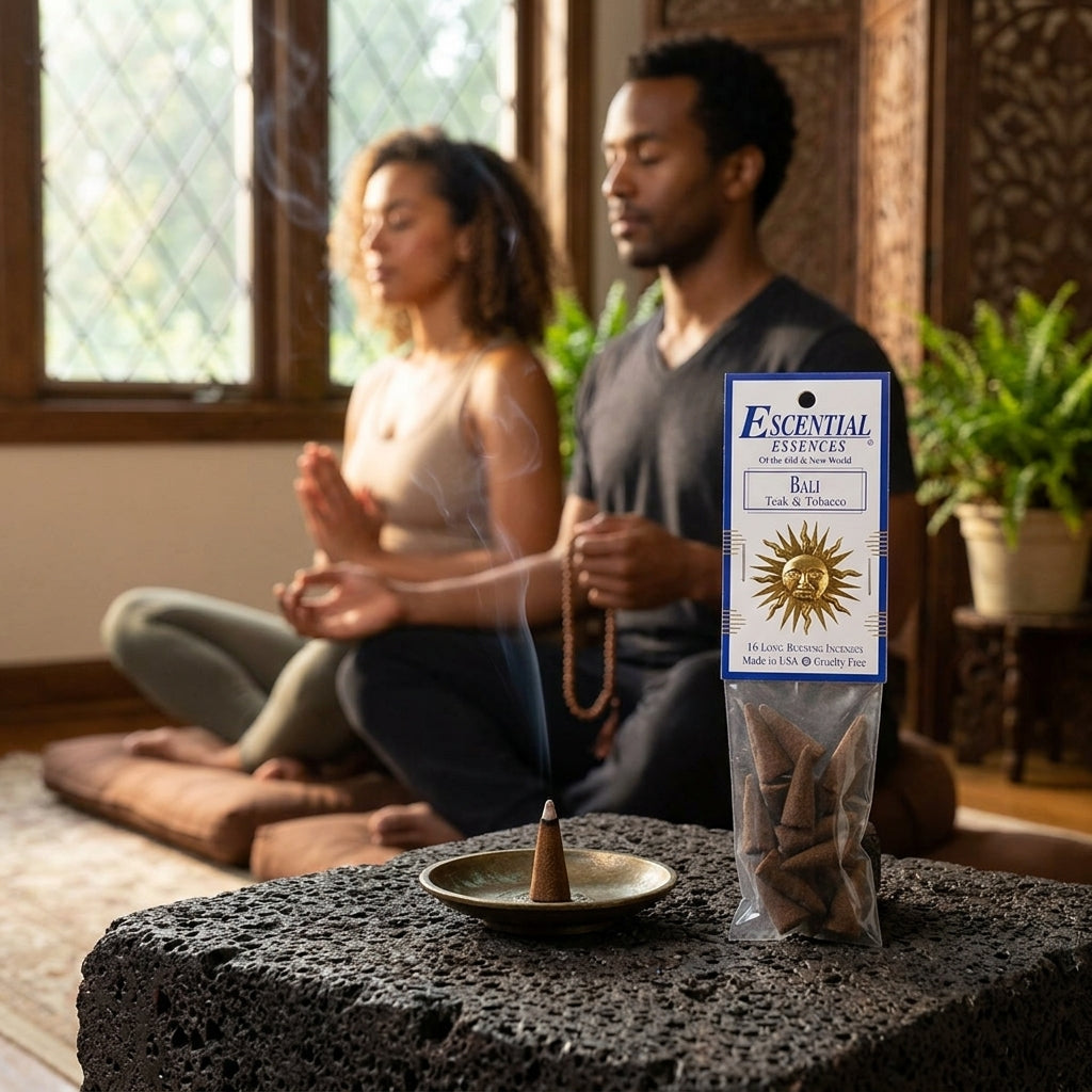 Photorealistic scene of a small Bali Teak & Tobacco incense cone on volcanic stone, with bi-racial figures practicing calming rituals in the background.