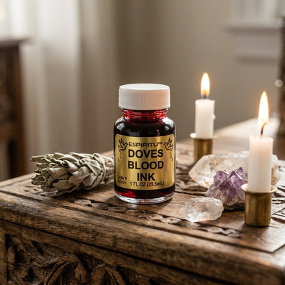 Small Dove's Blood ink bottle on rustic altar adorned with sage, crystals, and candles in a mystical setting.
