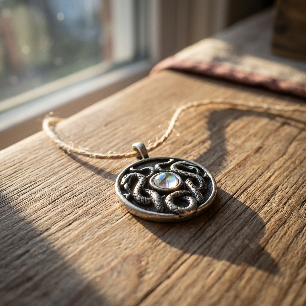 Close-up of a petite Celtic Nathair Amulet with iridescent stone on wooden surface, highlighting intricate snake motif and micro-texture.