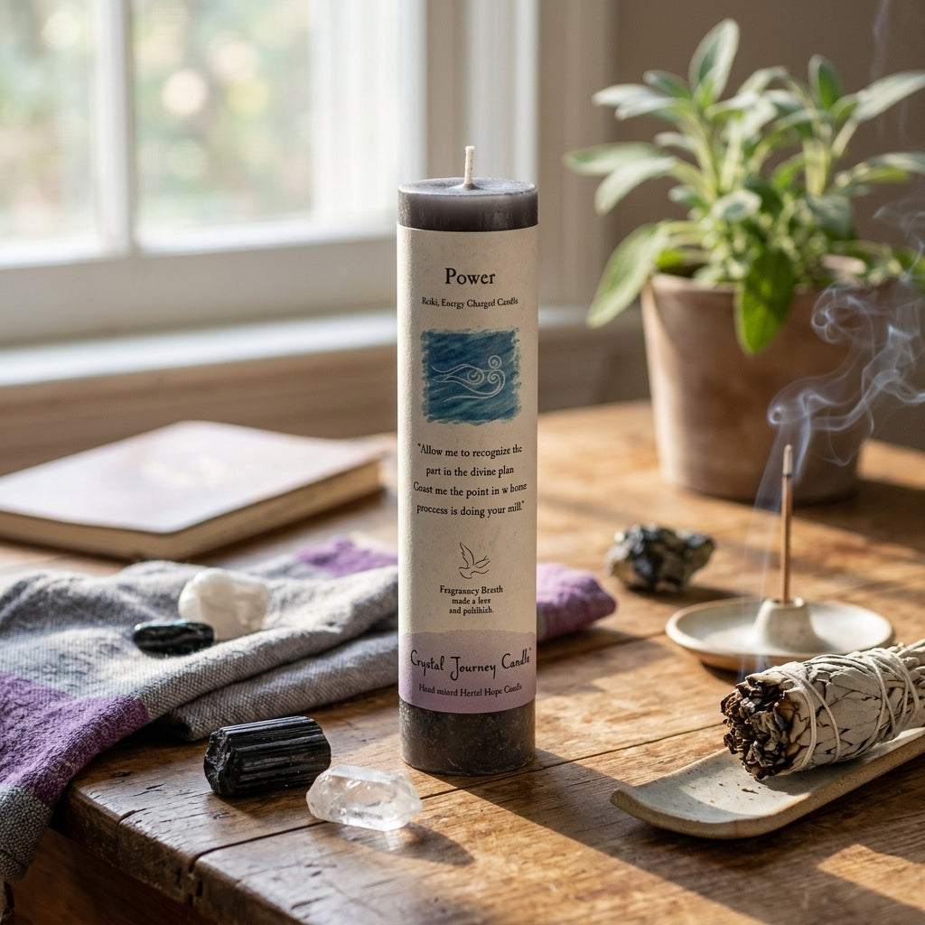Petite Reiki charged pillar candle on rustic wooden table in ritual corner, surrounded by crystals and sage for calming atmosphere.