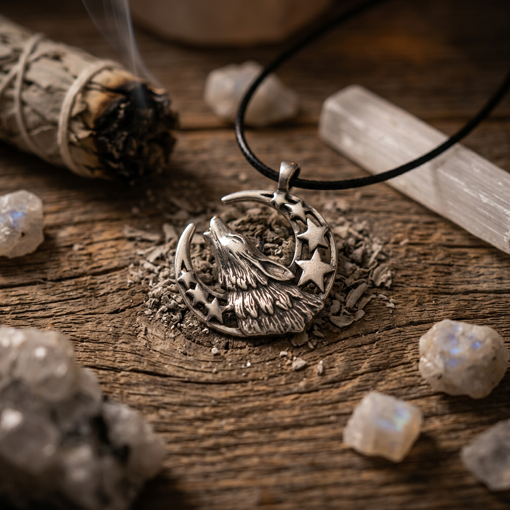 Close-up of the tiny pewter moon amulet on a wooden altar, surrounded by ritual objects like sage and selenite, highlighting craftsmanship and sacredness.