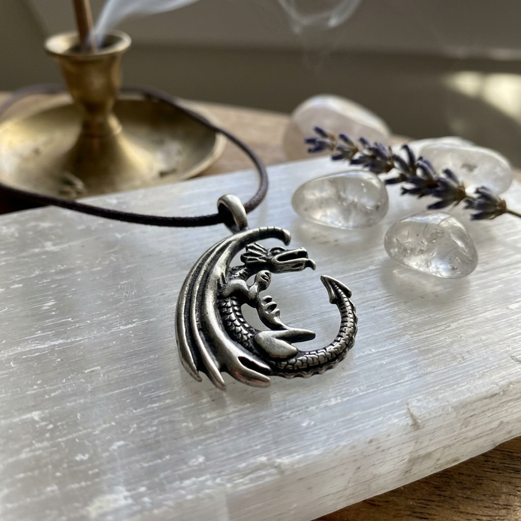 Photorealistic close-up of a small pewter Dragon Moon Celestial Amulet on a smooth stone, showcasing detailed dragon and crescent moon design in soft ambient light.