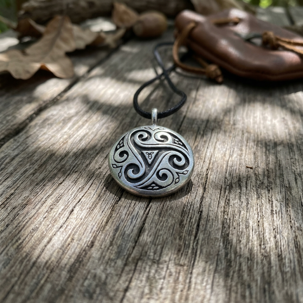 Small pewter triskele shield amulet displayed on rustic wooden table, with natural daylight emphasizing smooth surface and detailed carvings.