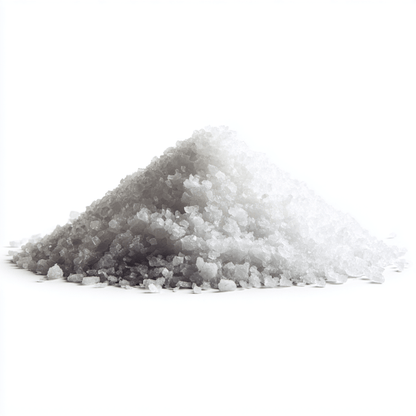 Pile of coarse white Saltpetre Potassium Nitrate crystals on a white background