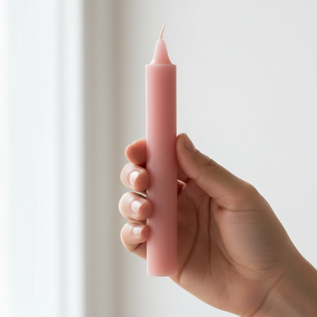 Pink 6 Inch Household Candle, held in hand