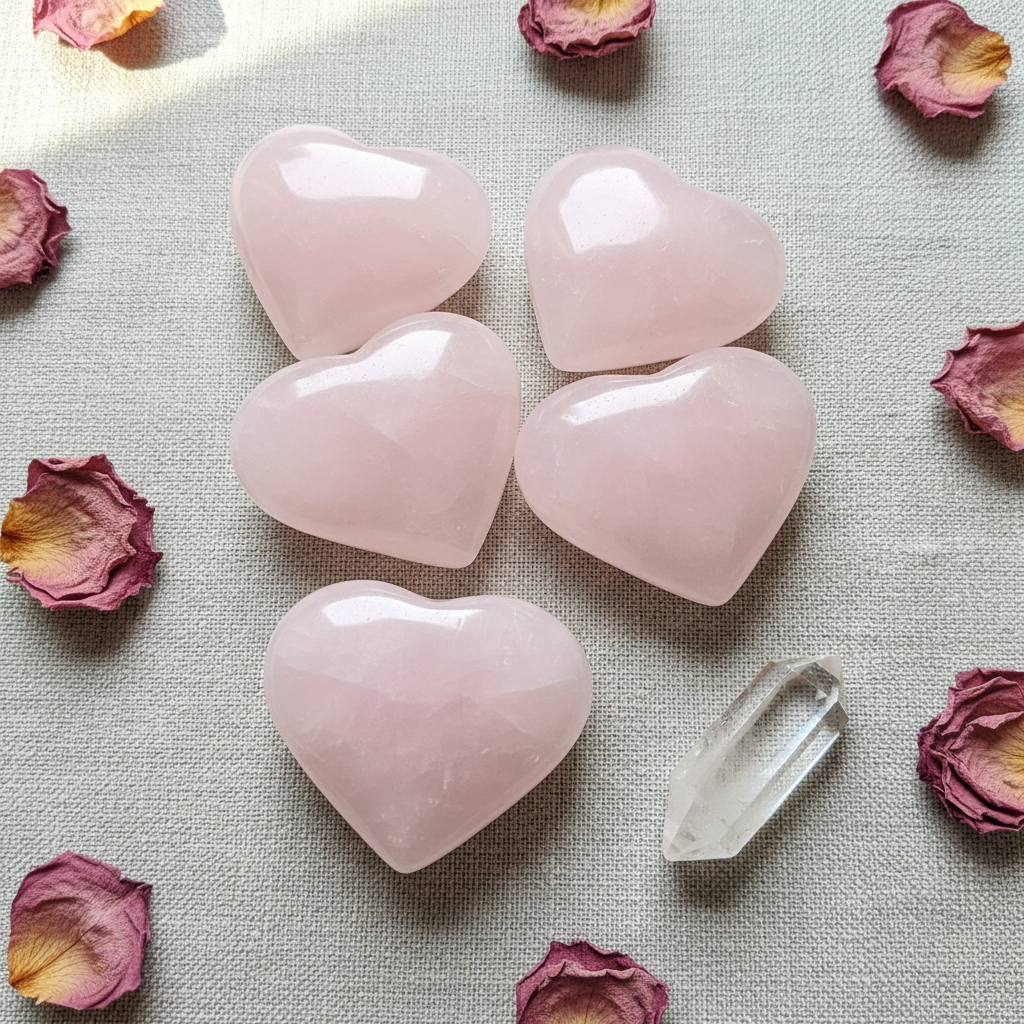 Pink Calcite Hearts Set of 5 flat lay