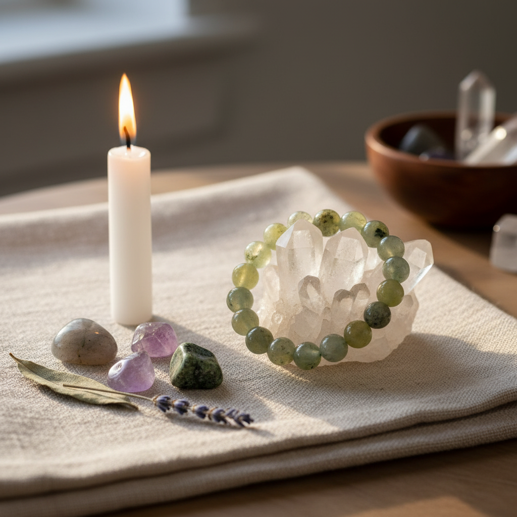 Prehnite Bracelet, 7-8mm, styled on altar