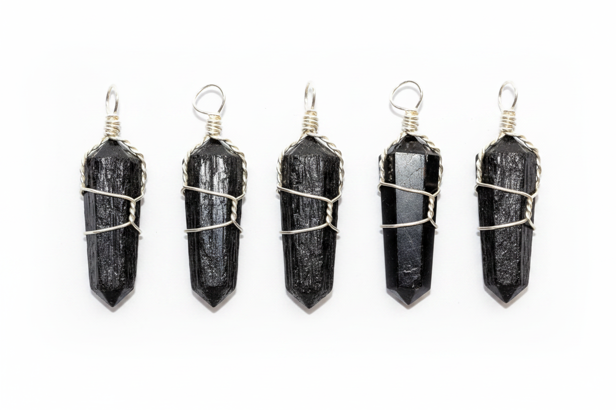Black Tourmaline Wire Wrapped Pendant, Set of 5