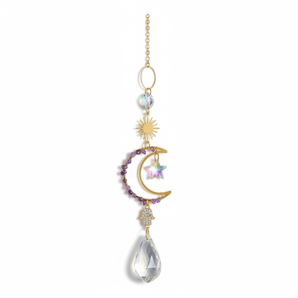Celestial Crescent Sun Catcher with Hamsa, 16 Inch